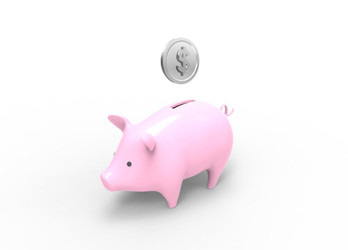 3D Render image of piggy bank with silver US dollar coin