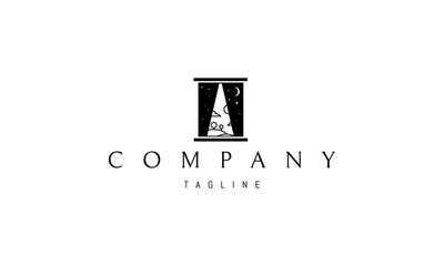 Vector logo on which an abstract image of a window behind the curtains which is a sunny day with clouds.