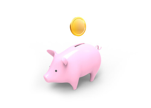 3D rendered image of Piggy bank savings with gold coin