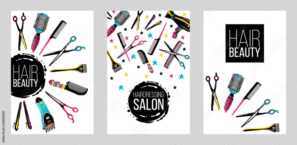 Wall mural Barber shop, haircut & beauty salons banners, flyers, cards template. Inspired by fashion professional hairdressers tools.Vector illustration. Isolated elements on white background - Wall murals