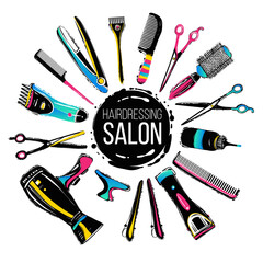 Colorful hairdresser decorative set with beauty haircut accessories and equipment with round haircut salon logo in center. Beauty salon and barbershop background - professional hairdressing tools.