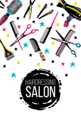 Barber shop, haircut & beauty salons banners, flyers, cards template. Inspired by fashion professional hairdressers tools.Vector illustration. Isolated elements on white background