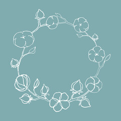 Cotton wreath, border. Cotton frame for wedding, packaging paper, textile, fabric, wallpapers, branding. Natural, eco, organic, softness, comfort, high quality, sustainability concepts. Outline.
