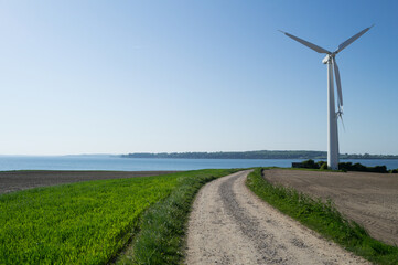 Fototapeta na wymiar Coastal Landscape Scenery with Wind Turbine in Denmark