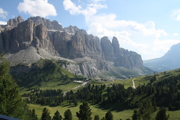 panoramic view of the meadows and mountains of the sella group in alta badia. dolomites