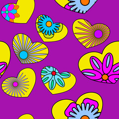 Seamless pattern of colourful flowers in yellow hearts on purple background.