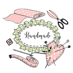 Cute frame in Doodle style on the theme of needlework sewing and tailoring. Vector.