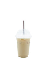 Ice coffee in plastic glasses with brown straw on whited background isolated