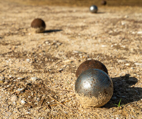Fototapeta na wymiar French traditional petanque game / Close up petanque balls