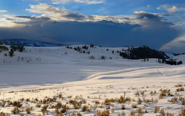 Winter sunset in Lamar Valley Yellowstone National Park Wyoming