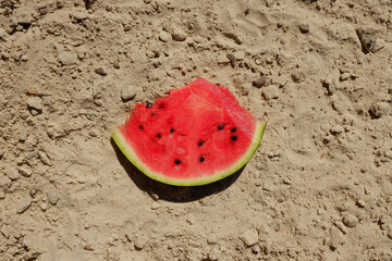 Skiba watermelon on the sand. Food at sea
