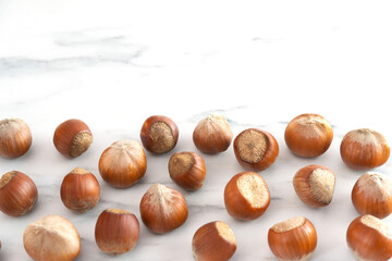 Hazelnuts in shells are scattered on the white table at the bottom of the photo. Healthy food high in antioxidants, protein, minerals and vitamins. Vegetarian food. Raw food concept. Close-up