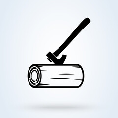 Stump with axe. Vector illustration of metal ax with handle made of wood stuck in tree trunk. vector Simple modern icon design illustration.