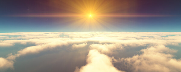 fly above clouds sunset landscape 3d render