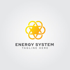 Fusion energy logo. Shaped like the sun, describes a nuclear chemical reaction. Suitable for energy companies, nuclear, electricity, laboratories, science, research, etc.