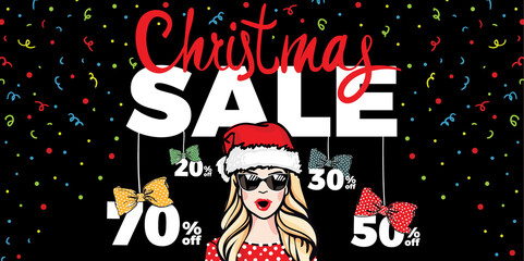 Christmas sale banner design. Beautiful attractive blonde haired Santa girl in sunglasses and christmas hat and confetti. Up to 30% 20% 50% 70% off