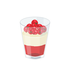 Dessert with red currants in a glass. Red currant jelly, whipped cream and berries. Vector illustration.