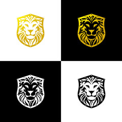 Lion Shield Logo. The shape of a lion's face combined with the shape of a shield. luxurious, classic, timeless. for luxury goods logos or royal family logos