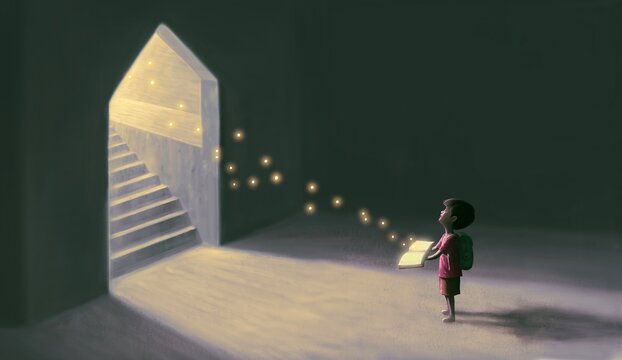Education hope and learning concept, boy with magic book, surreal artwork, child art, fantasy painting, dream illustration