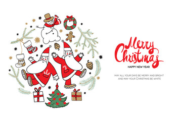 Merry Christmas and Happy New Year. Christmas square greeting card with calligraphy, cute Santa and christmas decorations. Hand drawn design elements