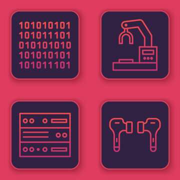 Set line Binary code, Server, Data, Web Hosting, Robotic robot arm hand factory and Air headphones. Blue square button. Vector.