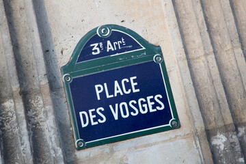 Obraz premium Place des Vosges Street Sign; Paris