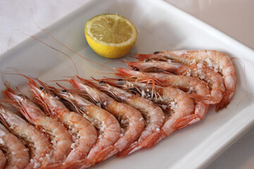Plate of grilled prawns with salt
