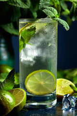 Refreshing summer drink with lime, mint and ice.