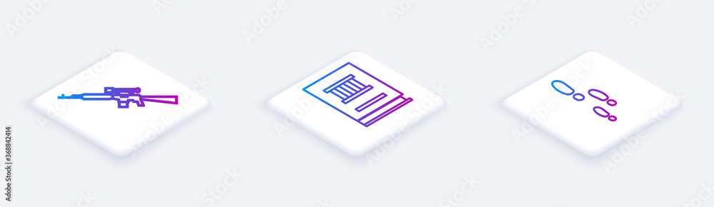 Poster set isometric line sniper rifle with scope, law book and footsteps. white square button. vector.