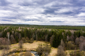 Drone shot flying on spring river in forest