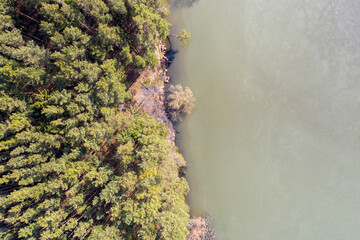 Drone shot top down view on spring lake