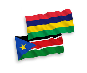 Flags of Republic of South Sudan and Republic of Mauritius on a white background