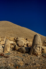 Antique statues on Nemrut mountain, Turkey. The UNESCO World Heritage Site at Mount Nemrut where...