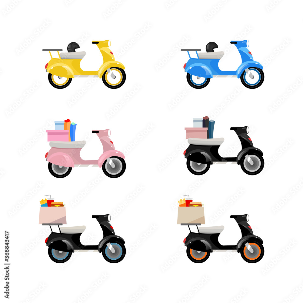 Poster delivery motorcycles flat color vector objects set