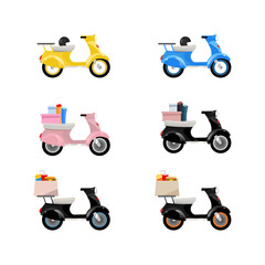 Delivery motorcycles flat color vector objects set
