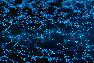 Glowing blue lines, with particles connected, 3d rendering.