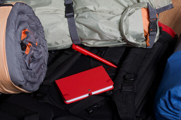 Tourist equipment. Self-inflating rugs, tent and notebook.