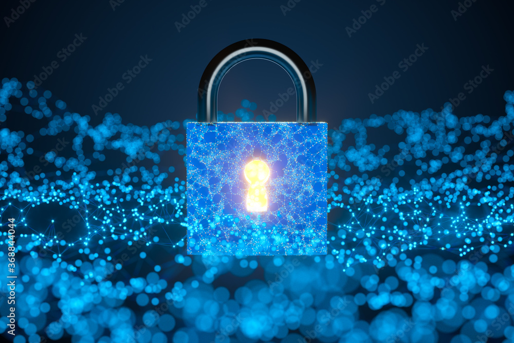 Poster security lock with glowing sketch lines, 3d rendering.