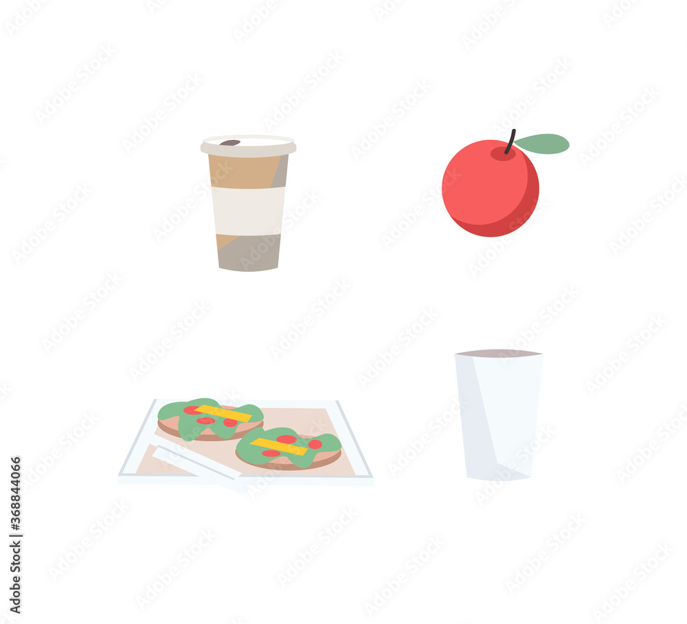 Poster snacks and drinks flat color vector objects set