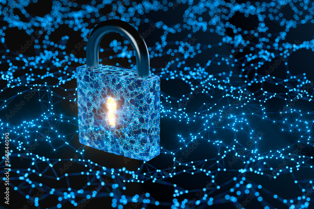 Poster security lock with glowing sketch lines, 3d rendering.