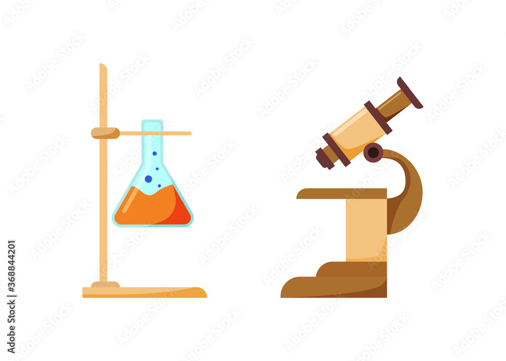 Poster scientist equipment flat color vector object set