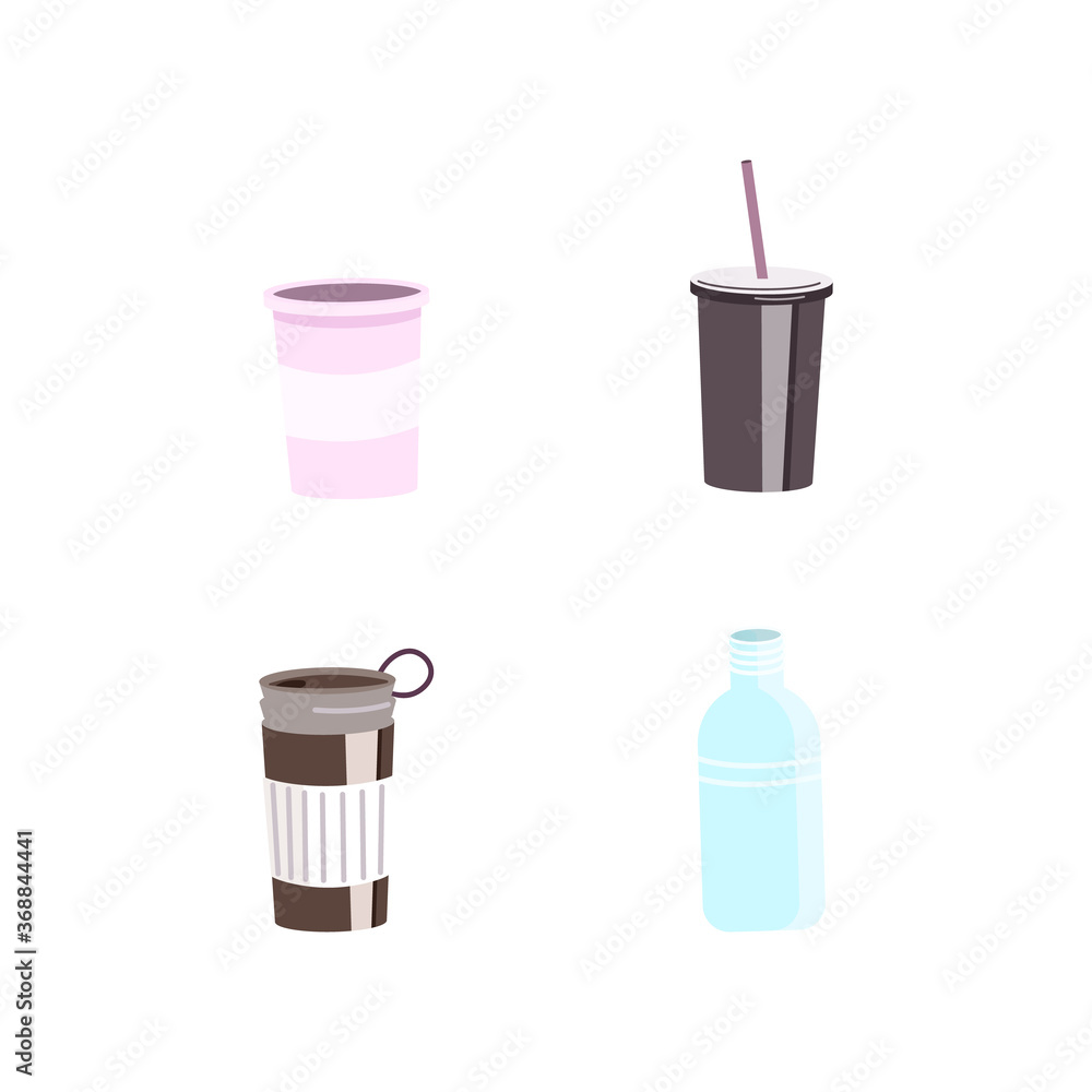 Poster reusable cups and bottles flat color vector objects set