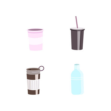 Reusable cups and bottles flat color vector objects set