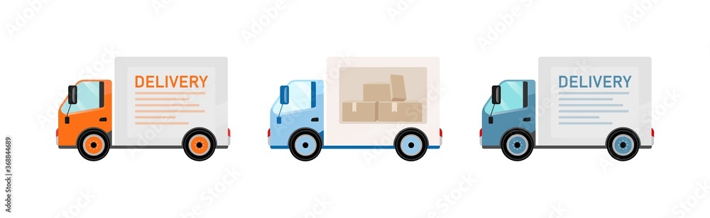 Poster delivery trucks flat color vector objects set