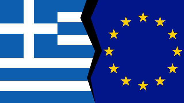 Vector illustration of the flags of the European Union and Greece, with a split/tear/fissure in between, indicating a conflict/disagreement/parting between the two.