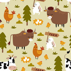 seamless pattern with cow, chicken and hare - vector illustration, eps