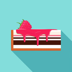 Delicious piece of cheesecake decorated with fresh raspberries and fruit syrup. The syrup drips from a piece of cake. vector flat design illustration