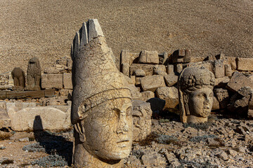 Antique statues on Nemrut mountain, Turkey. The UNESCO World Heritage Site at Mount Nemrut where...