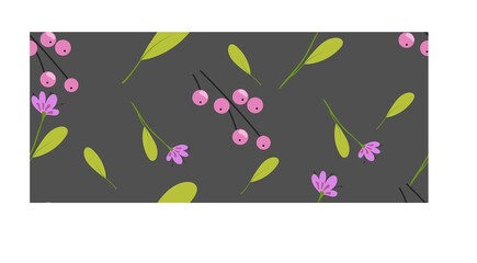 Pink berries and flowers on a gray background. Pattern.
Vector design.