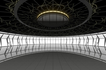 Fototapeta premium Dark round room with reflective floor, 3d rendering.